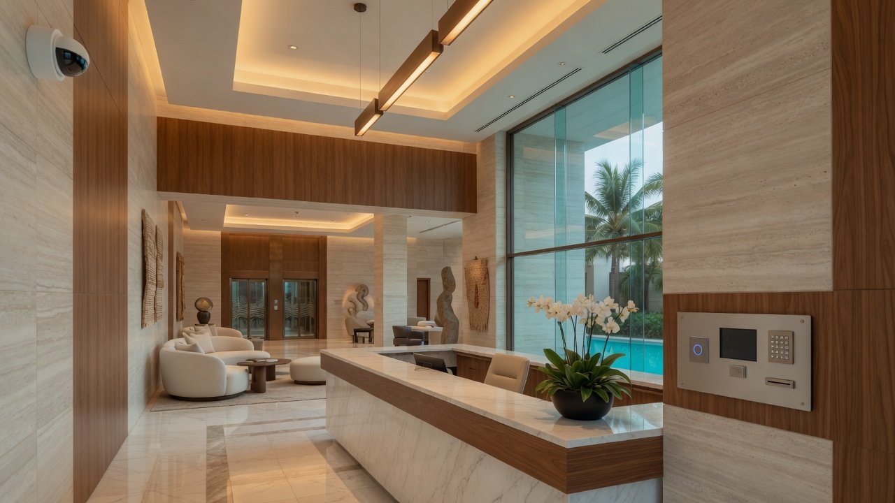 Lobby residencial con acceso y seguridad integrados