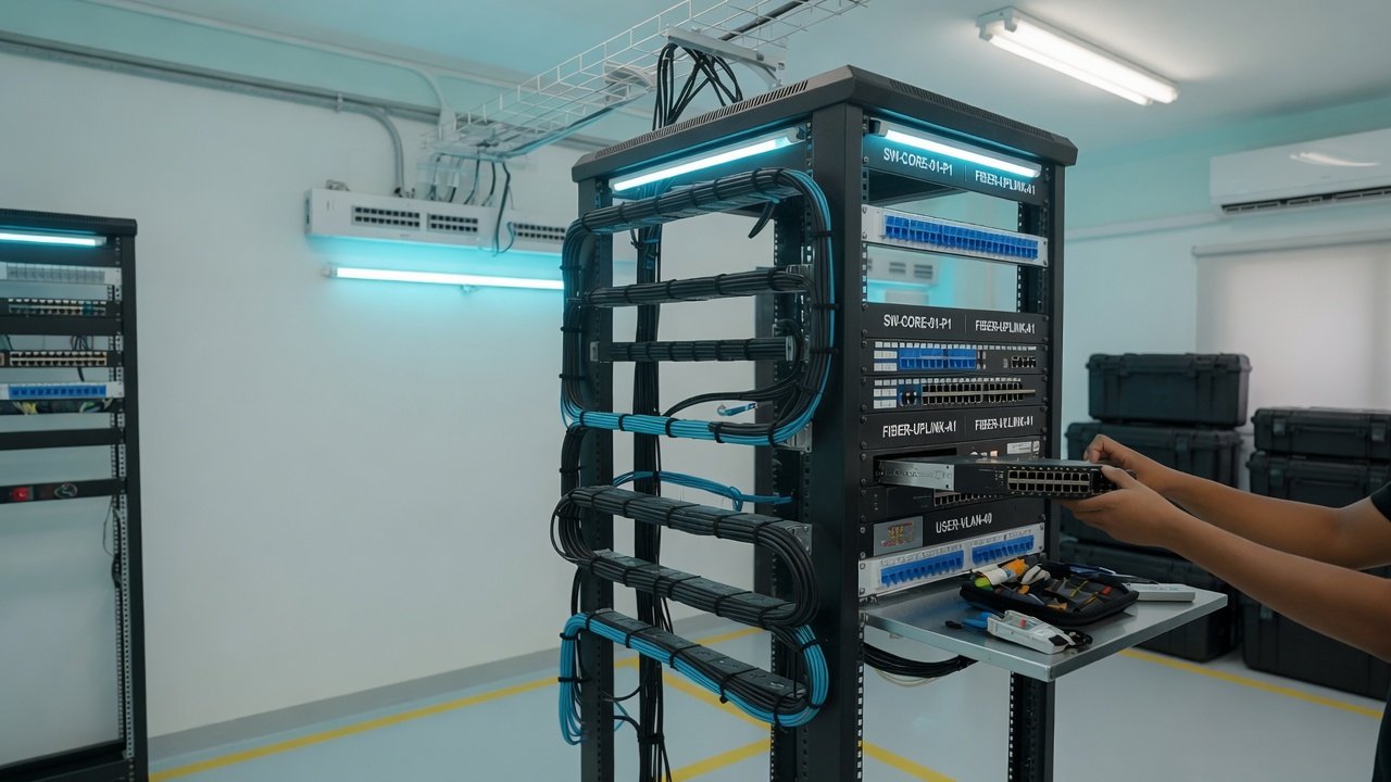 Rack de telecomunicaciones limpio y documentado — entrega de obra con criterio de proyecto