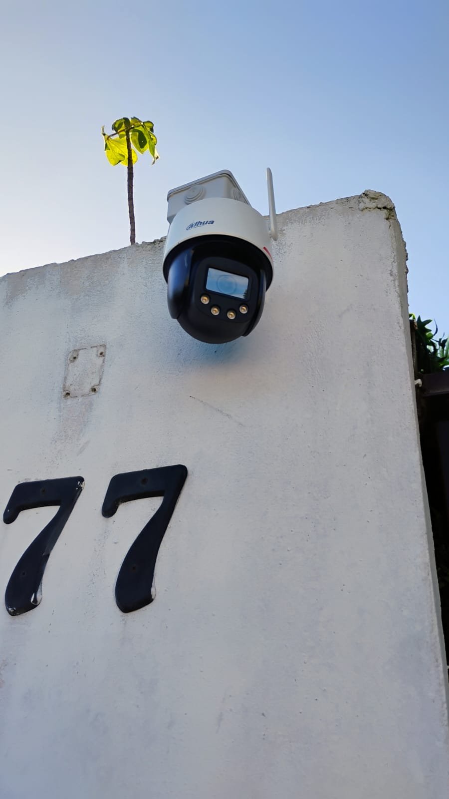 Cámara PTZ Dahua en muro blanco con el número 77.