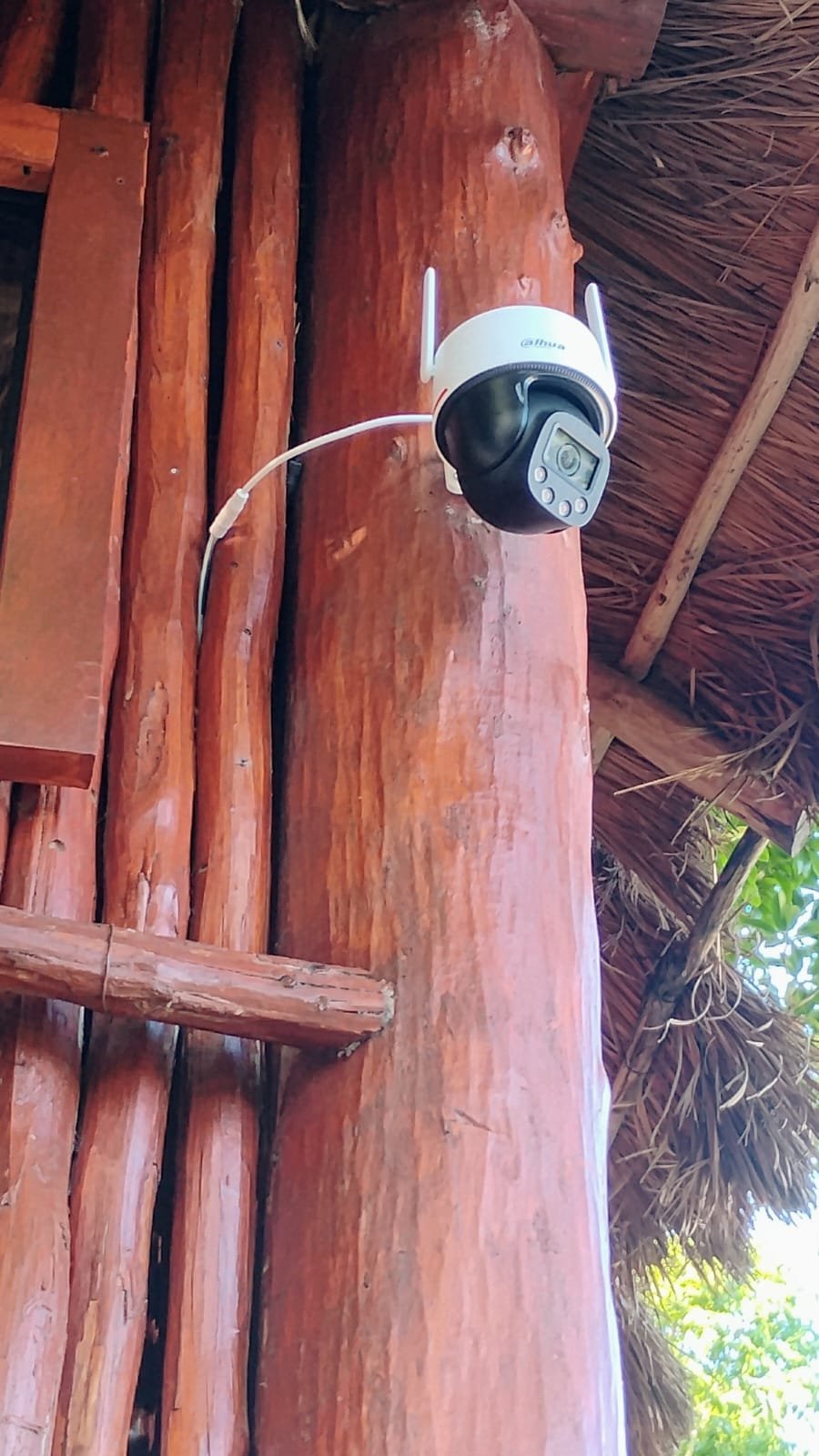 Cámara PTZ blanca instalada en una columna de madera bajo una cubierta de palapa.