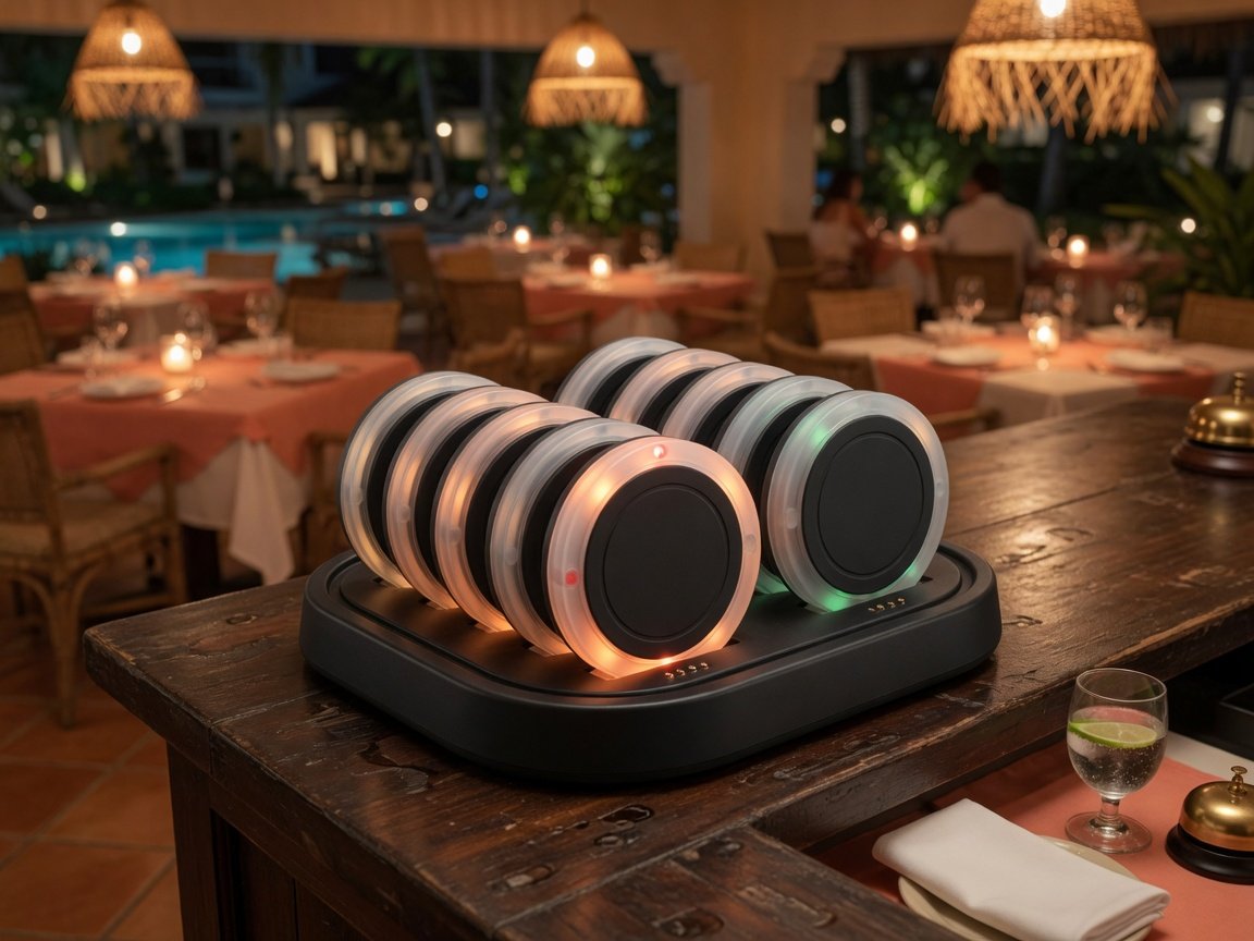 Cargador con pagers circulares de restaurante en un mostrador (imagen conceptual)
