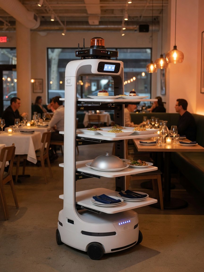 Robot mesero de cuatro charolas en un comedor (imagen conceptual)