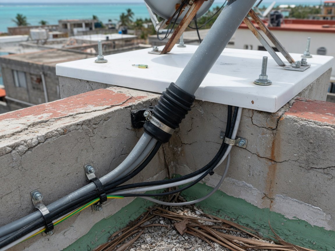 Detalle de paso de cable y anclaje en azotea costera (conceptual)