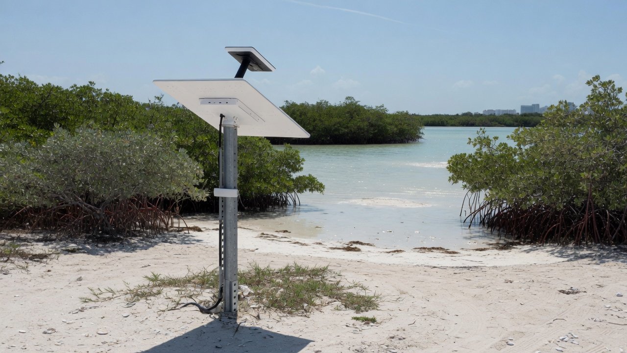 Starlink en mástil sobre arena y manglar, costa norte de Cancún (conceptual)