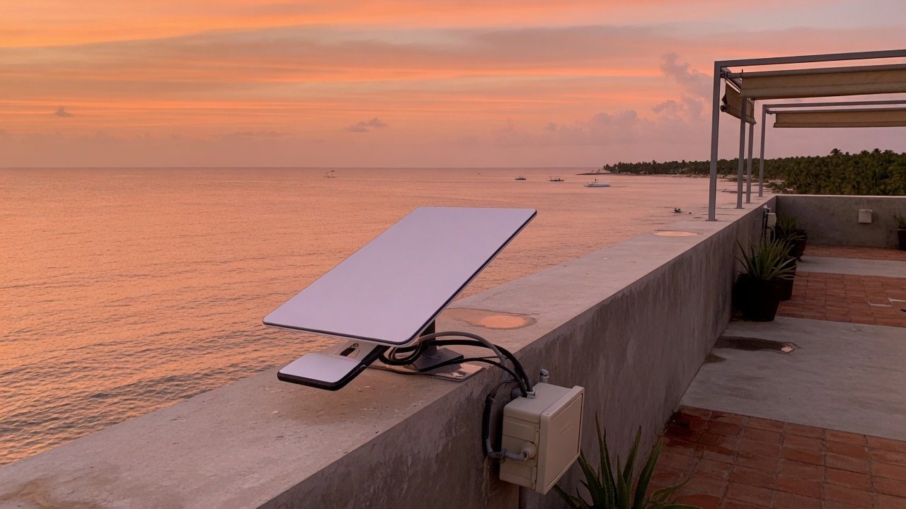 Antena Starlink en rooftop de hotel frente al Caribe al atardecer (imagen conceptual)