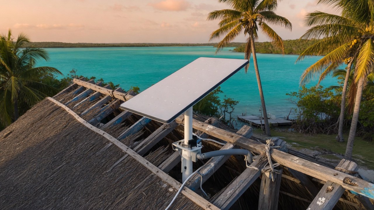 Antena Starlink sobre palapa frente a laguna turquesa (imagen conceptual)