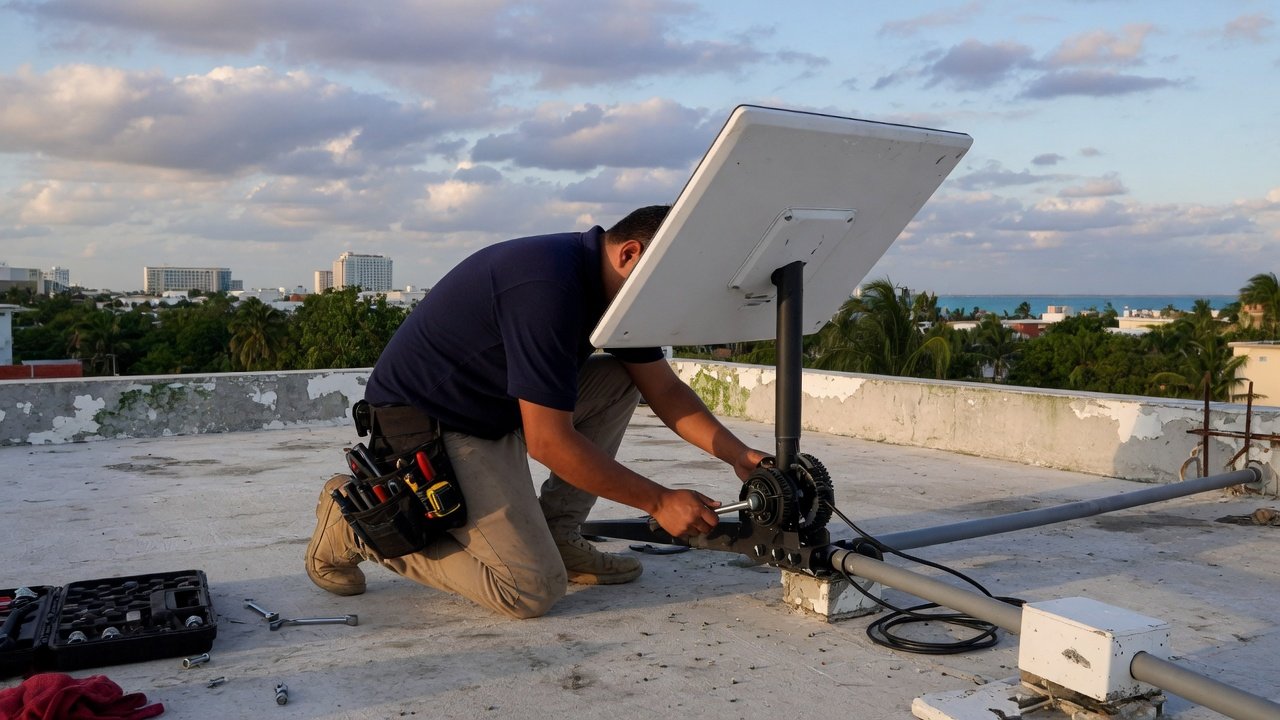 Técnico ajustando montaje de antena rectangular en azotea de Cancún (conceptual)