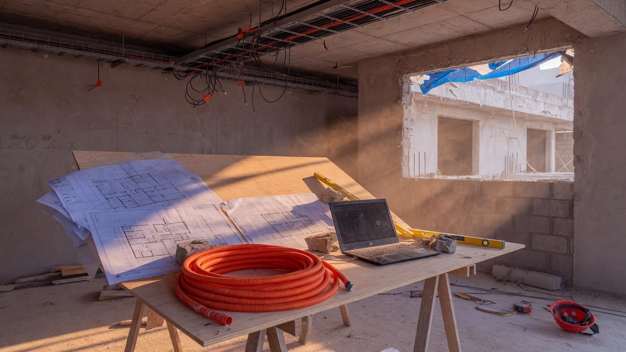 Mesa de obra con planos, conduit y bandejas de cableado en un hotel en construcción (imagen conceptual)