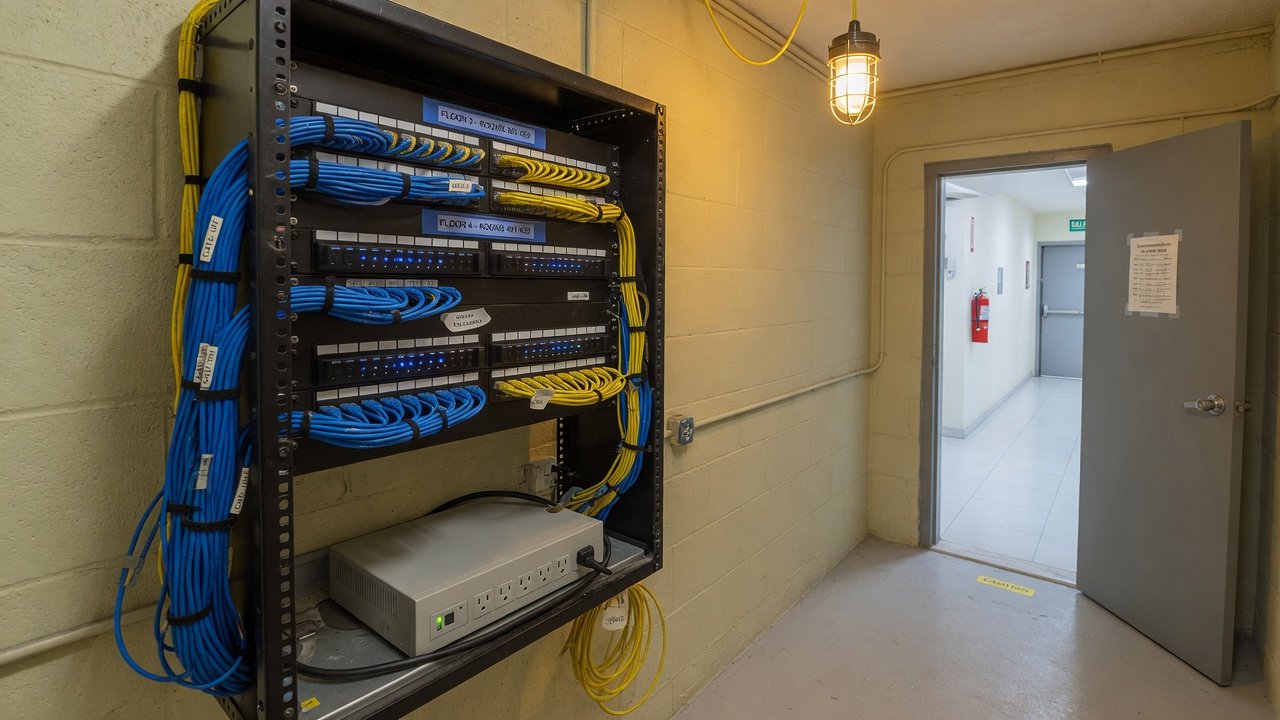Closet de comunicaciones ordenado con rack y cableado vestido (imagen conceptual)