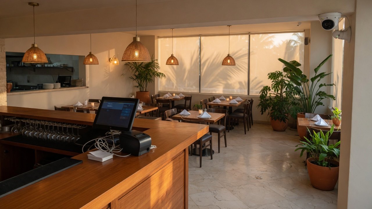 Restaurante en Cancún con POS y cámara discreta antes del servicio (imagen conceptual)