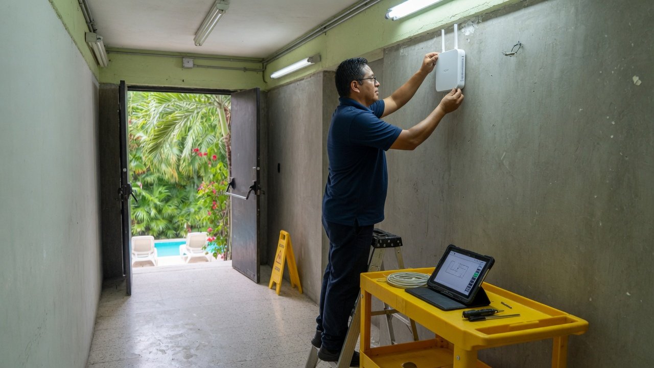 Técnico ajustando un access point en un pasillo de servicio de hotel (imagen conceptual)
